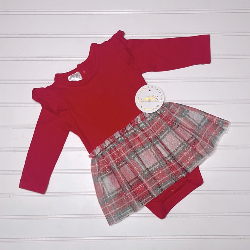 SWEET WINK NWT Balletcore Red Tartan Christmas Long Sleeve Tutu Bodysuit
